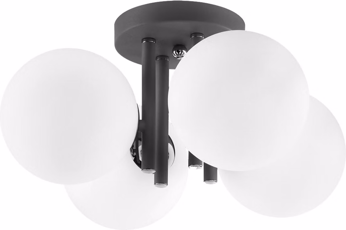 Lampada a soffitto a quattro luci, modello ASH S4, cromata, con quattro paralumi rotondi, attacco G9, design moderno