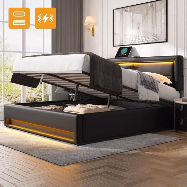 Letto imbottito 140x190cm - Zephmum - USB, LED, spazio di archiviazione, PU-Lychee, nero