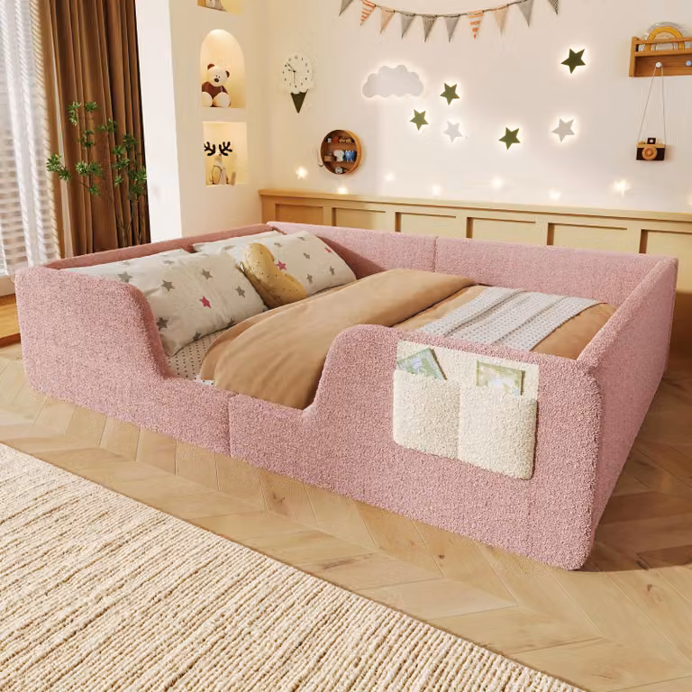MODFU Letto per bambini 140 x 190 cm. Letto imbottito con sponde laterali removibili, protezione imbottita perimetrale, tasca in tessuto e spazio contenitivo. Colore: beige velluto, senza materasso. Disponibile anche in rosa