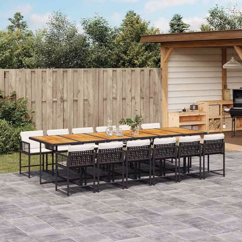 Set da pranzo da giardino vidaXL in polyrattan nero con cuscini e tavolo in legno di acacia, 13 pezzi