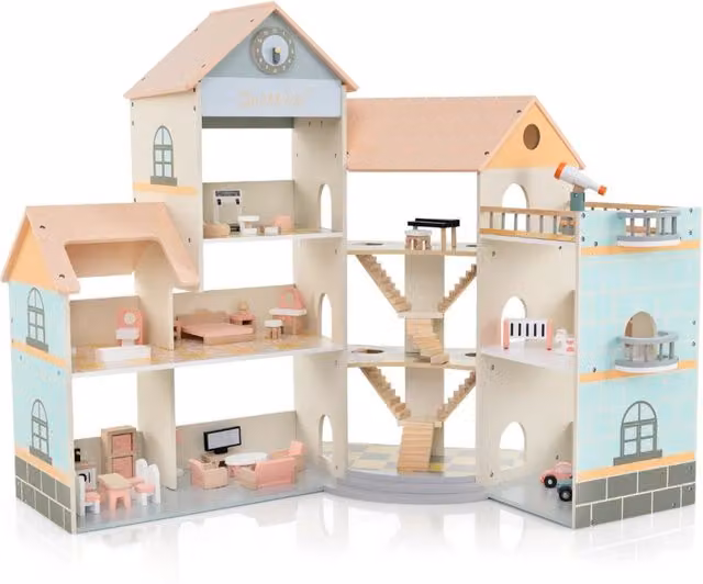 Casa delle bambole angolare in legno arancione con 41 mobili e accessori, L: 107 cm, P: 82,5 cm, H: 94,5 cm