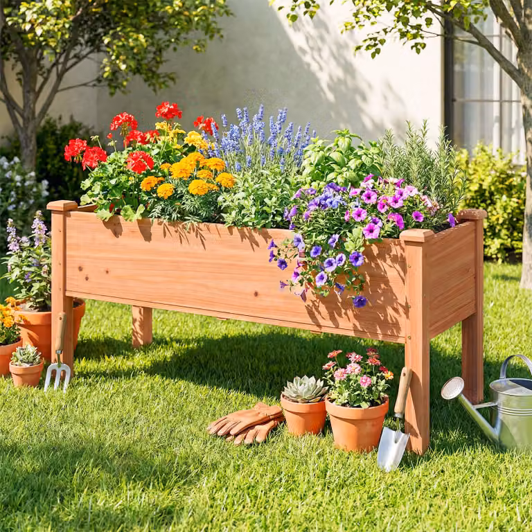 Fioriera rialzata in legno di abete Costway marrone per orto, erbe aromatiche e fiori L: 120 cm, P: 43,5 cm, H: 51 cm