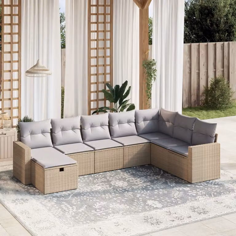 vidaXL Set Divano da Giardino 8 pz a L con Cuscini Beige e Grigio in Polyrattan e Metallo