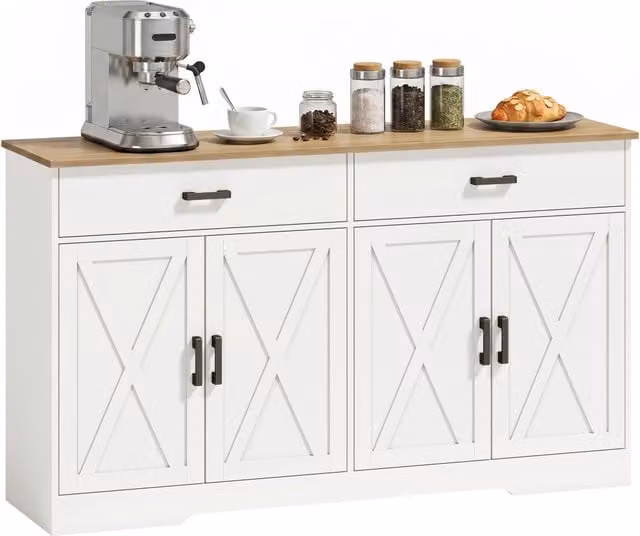 Credenza Buffet 140 cm Bianca, 2 Cassetti e 2 Ante, Mobile Sideboard Multifunzionale Stile Country per Cucina e Soggiorno