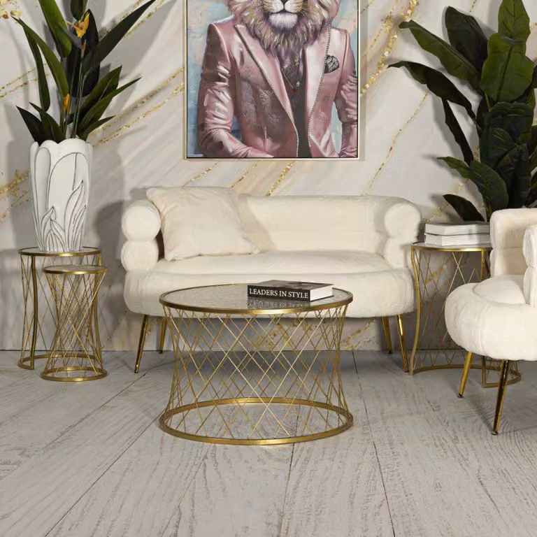 Dmora Tavolino da Salotto Cabiaglio 70x70x54.5h cm oro, set di 4 Tavolini Forma Circolare