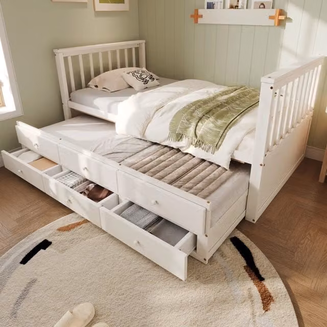 Letto singolo estraibile 90×200 cm con 3 cassetti e secondo letto 90×190 cm, senza materasso, in pino bianco