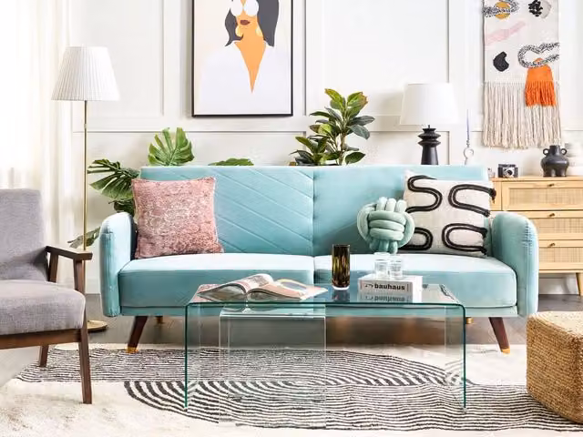Divano Letto Click Clack Beliani in Velluto Blu Navy con Struttura in Legno e Poggiatesta Regolabile per Soggiorno Moderno