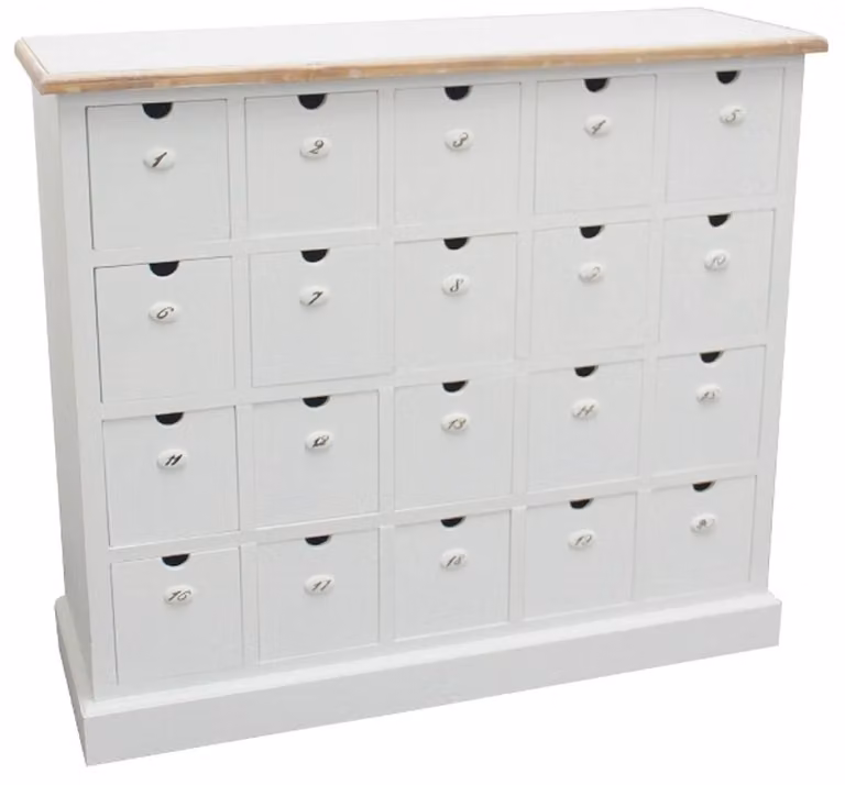 Comò in stile rustico "Casa Padrino", finitura bianco anticato e colori naturali, dimensioni 105 x 39 x 93 cm di altezza, con 20 cassetti