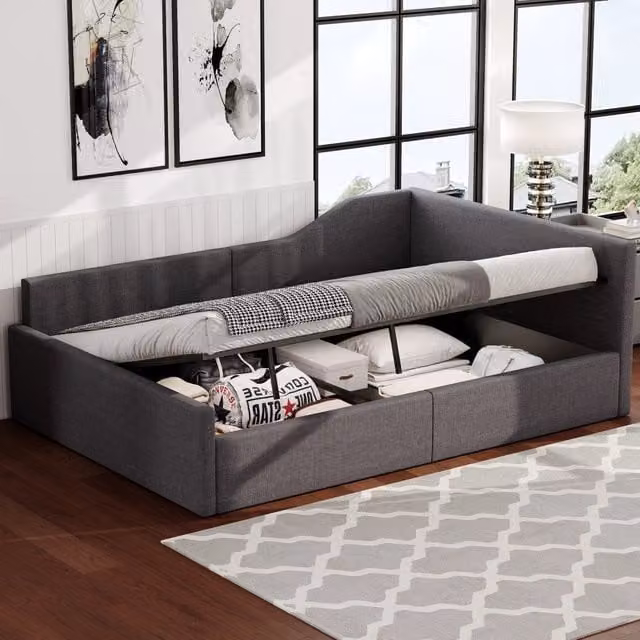 Letto da giorno imbottito 140 x 200 cm con contenitore sotto il letto - Grigio