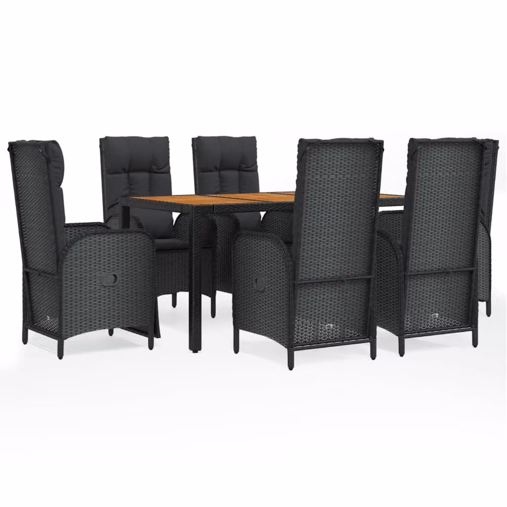 Set da Pranzo da Giardino 7 pz Nero con Cuscini in Polyrattan