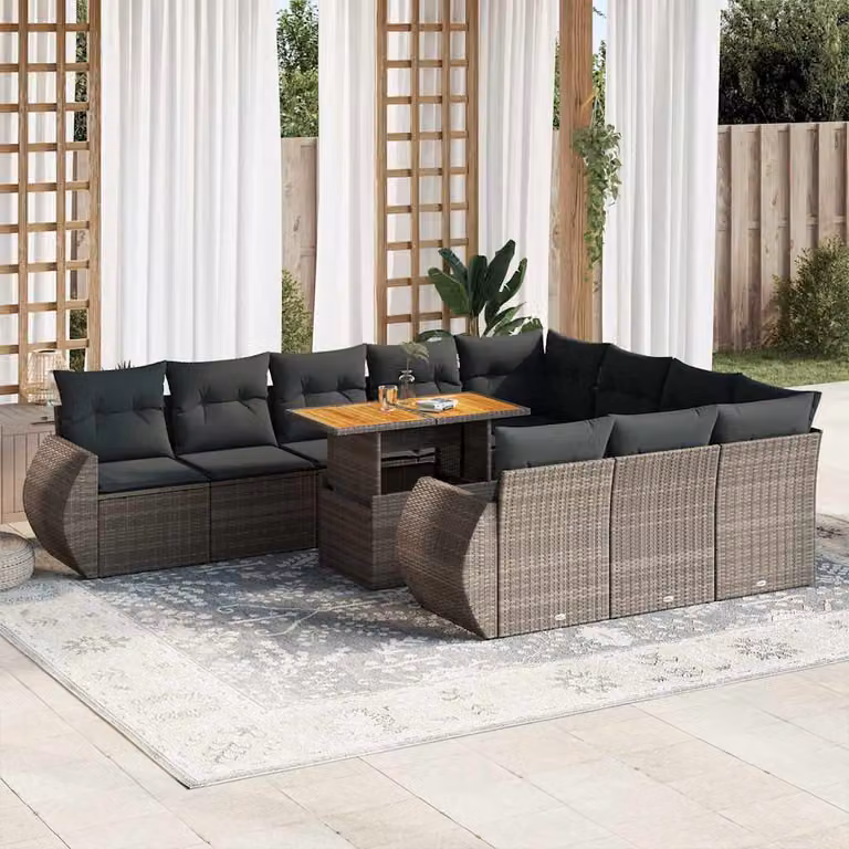 Set di divani da giardino vidaXL 11 pz in polyrattan grigio con cuscini e tavolino da esterno a forma di L