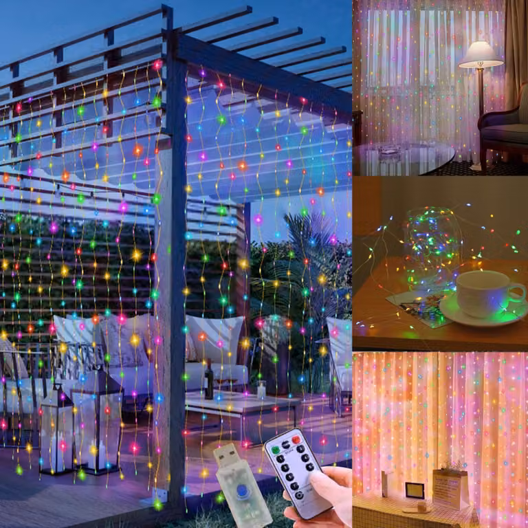 2 luci a tenda, 300 LED, 3x3 metri, alimentazione USB, 8 modalità, multicolore