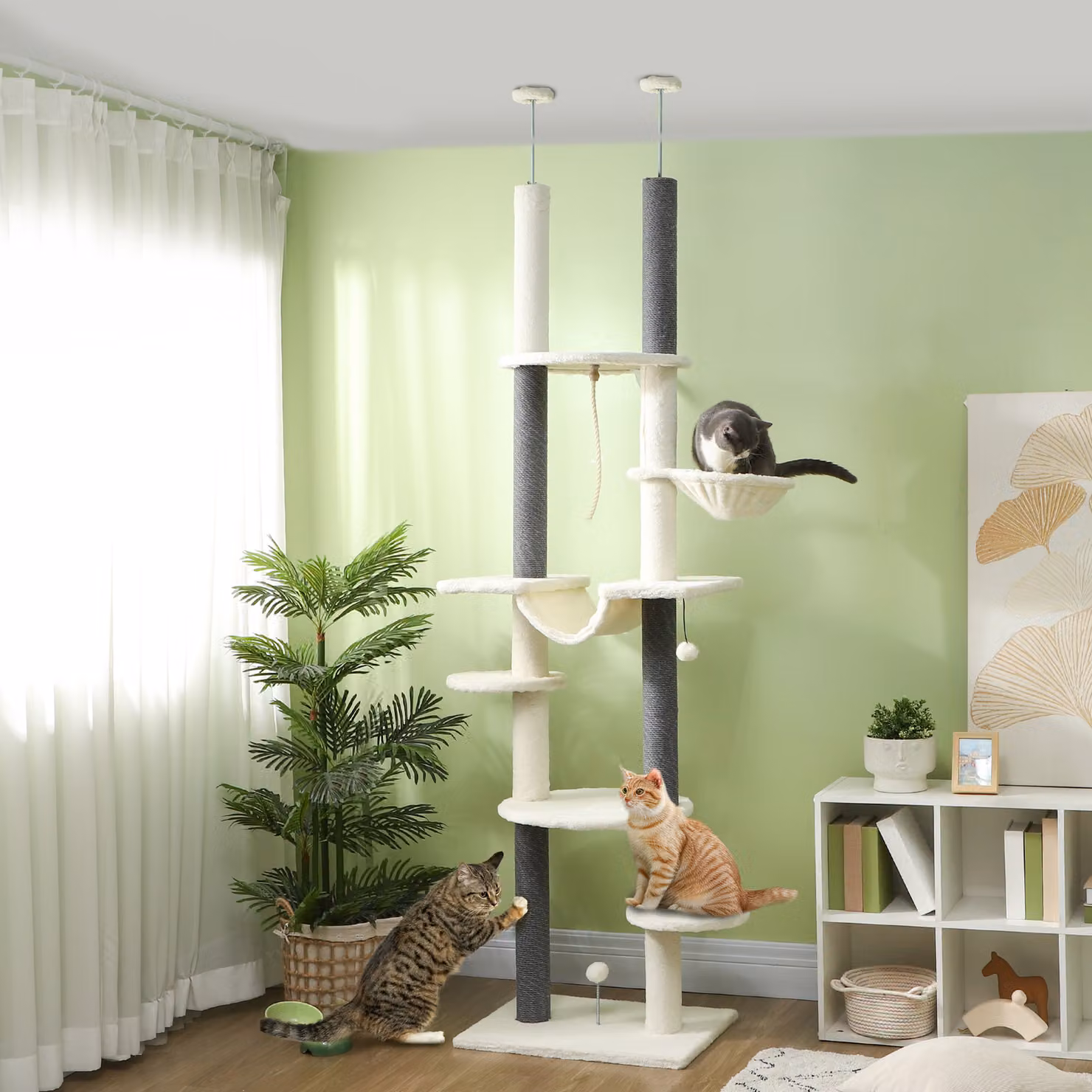 Albero tiragraffi PawHut regolabile da 225 a 255 cm con piattaforme e amaca, colore bianco – 2