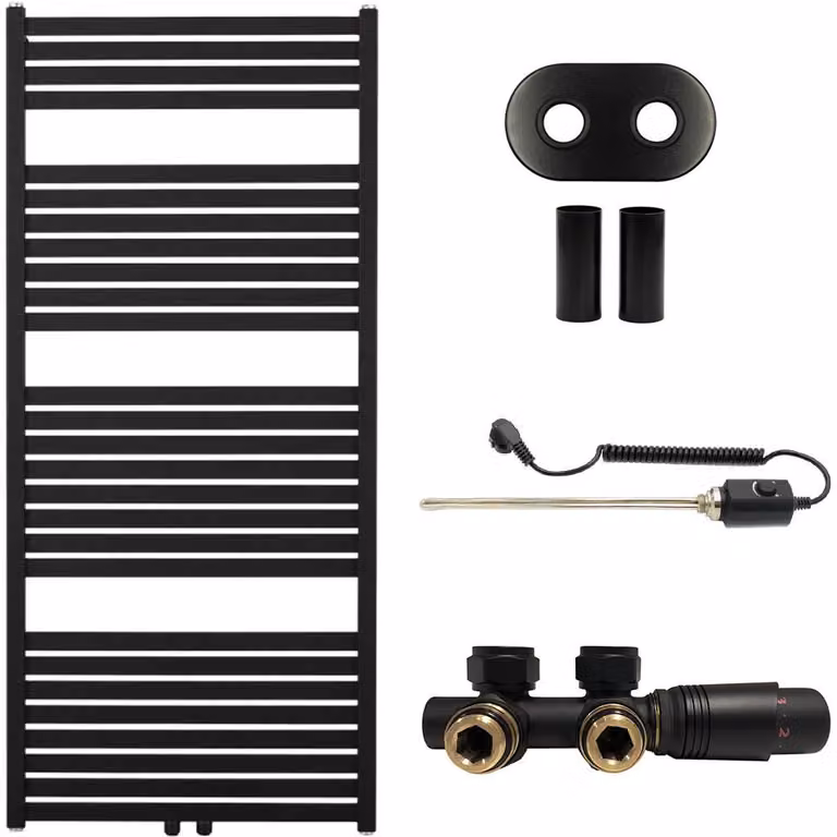 Kit radiatore per bagno Vincenzo - sistema di riscaldamento combinato, barra termica - attacco centrale da 50 mm - 600W - nero opaco - 1340x600 mm