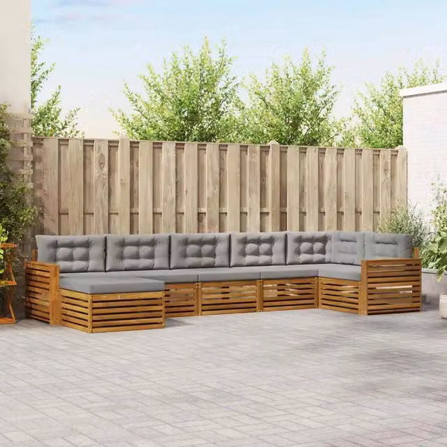 Set di divani da esterno a L vidaXL in legno di acacia con 7 pezzi e cuscini inclusi, colore grigio