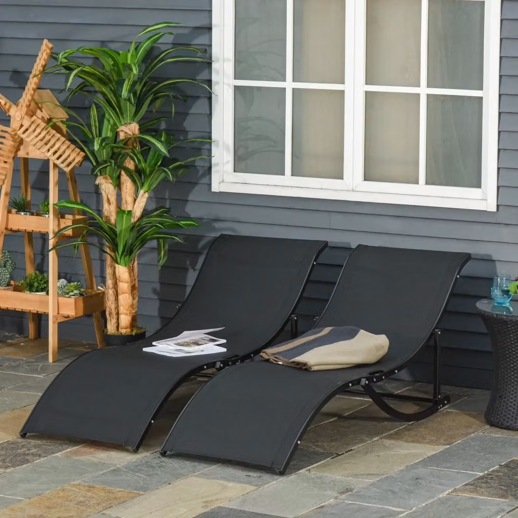 Set di 2 lettini prendisole pieghevoli GIORDANOSHOP in alluminio e textilene nero con poggiatesta regolabile L/P/H: 165 x 61 x 63 cm – 2