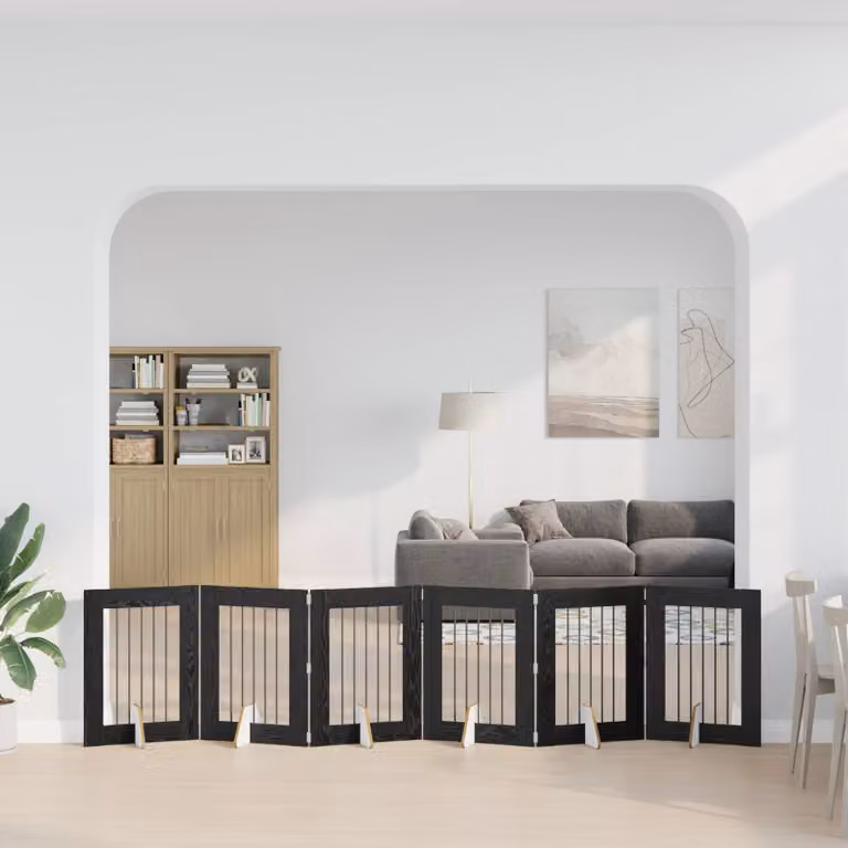 Cancello per cani pieghevole vidaXL con 6 supporti, colore nero e finitura rovere