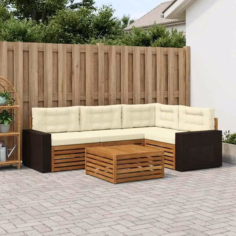 Set di divani da esterno vidaXL 5 pezzi in legno di acacia con cuscini, colore beige e marrone