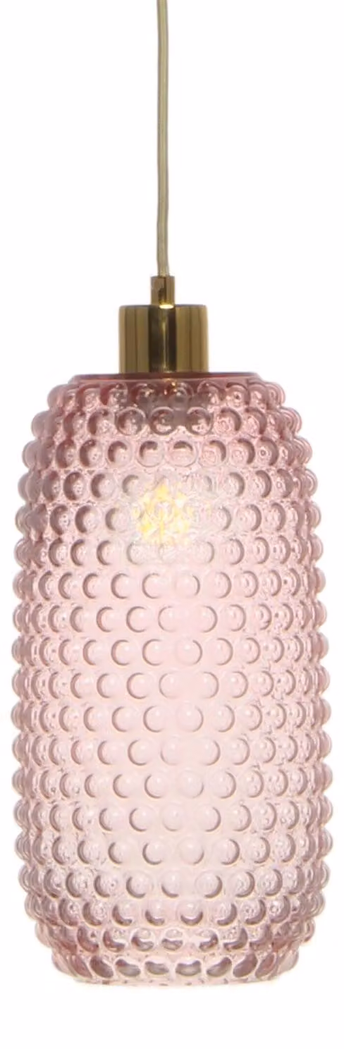 Lampada a sospensione Padiro, 15 x 15 x 34 cm, rosa, in vetro, con superficie strutturata, attacco E27