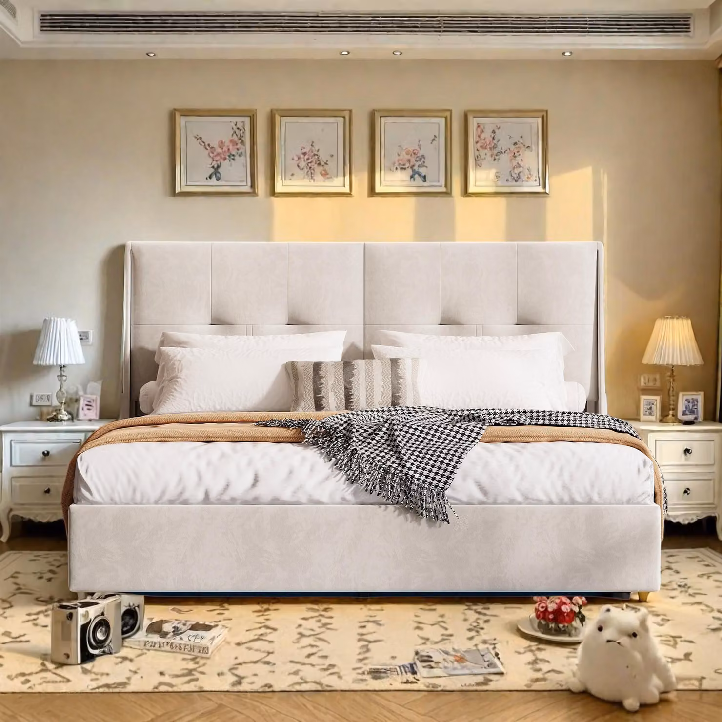 Letto matrimoniale moderno 160 x 200 cm con testata imbottita, illuminazione LED integrata, contenitore sotto la molla, design minimalista, beige