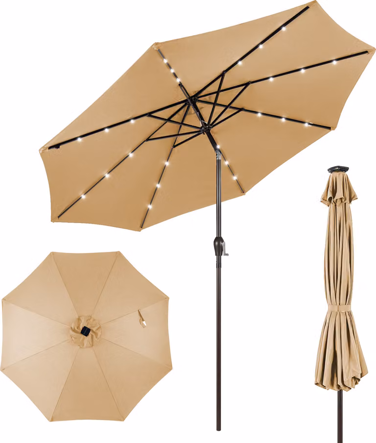 Ombrellone KOMFOTTEU da 300 cm con LED, ombrellone da giardino pieghevole, ombrellone da terrazza con manovella, 8 stecche e protezione solare, ombrellone da mercato a braccio per giardino e balcone