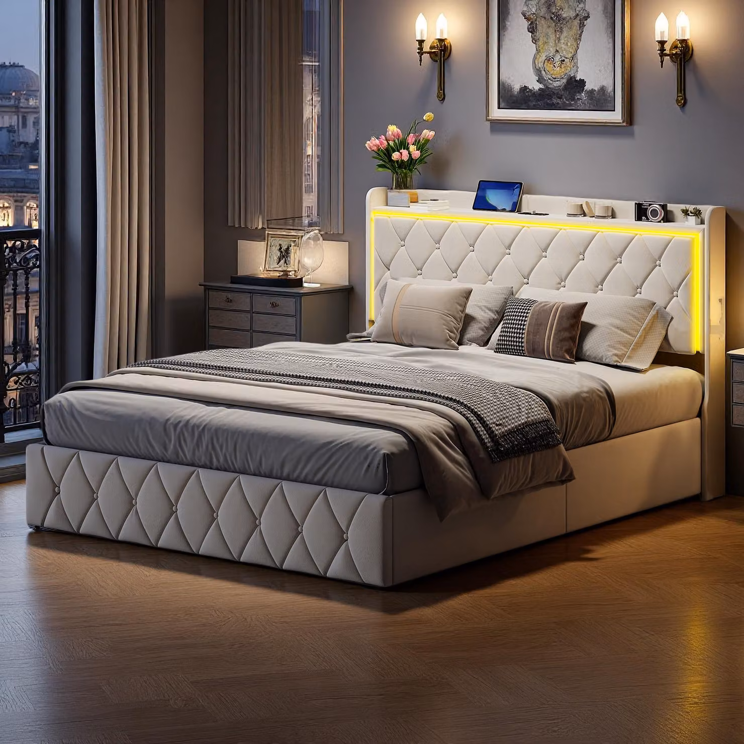 Letto imbottito ProximaX 140x190 cm con illuminazione a LED e stazione di ricarica USB – letto matrimoniale idraulico con vano contenitore, tessuto in velluto beige