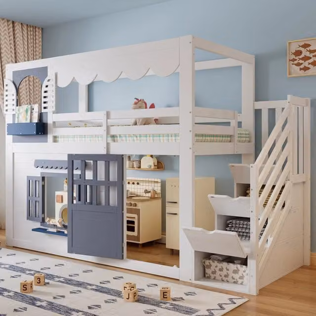Letto a soppalco casetta 90×200 cm con scala contenitore, porta e finestre apribili, senza materasso, bianco e blu