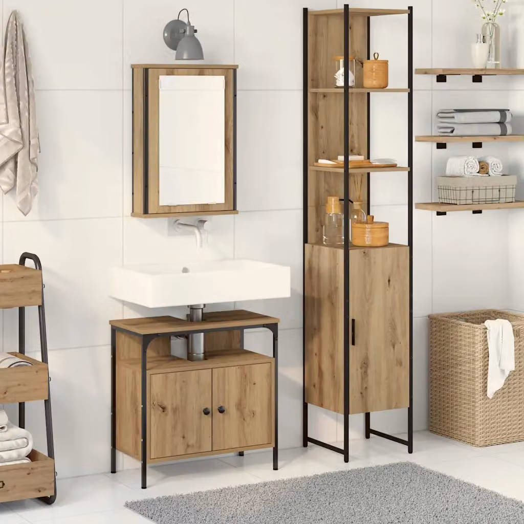 Set di mobili per il bagno moderno vidaXL composto da 3 pezzi in marrone e nero con armadietto a specchio, mobile lavabo e colonna alta