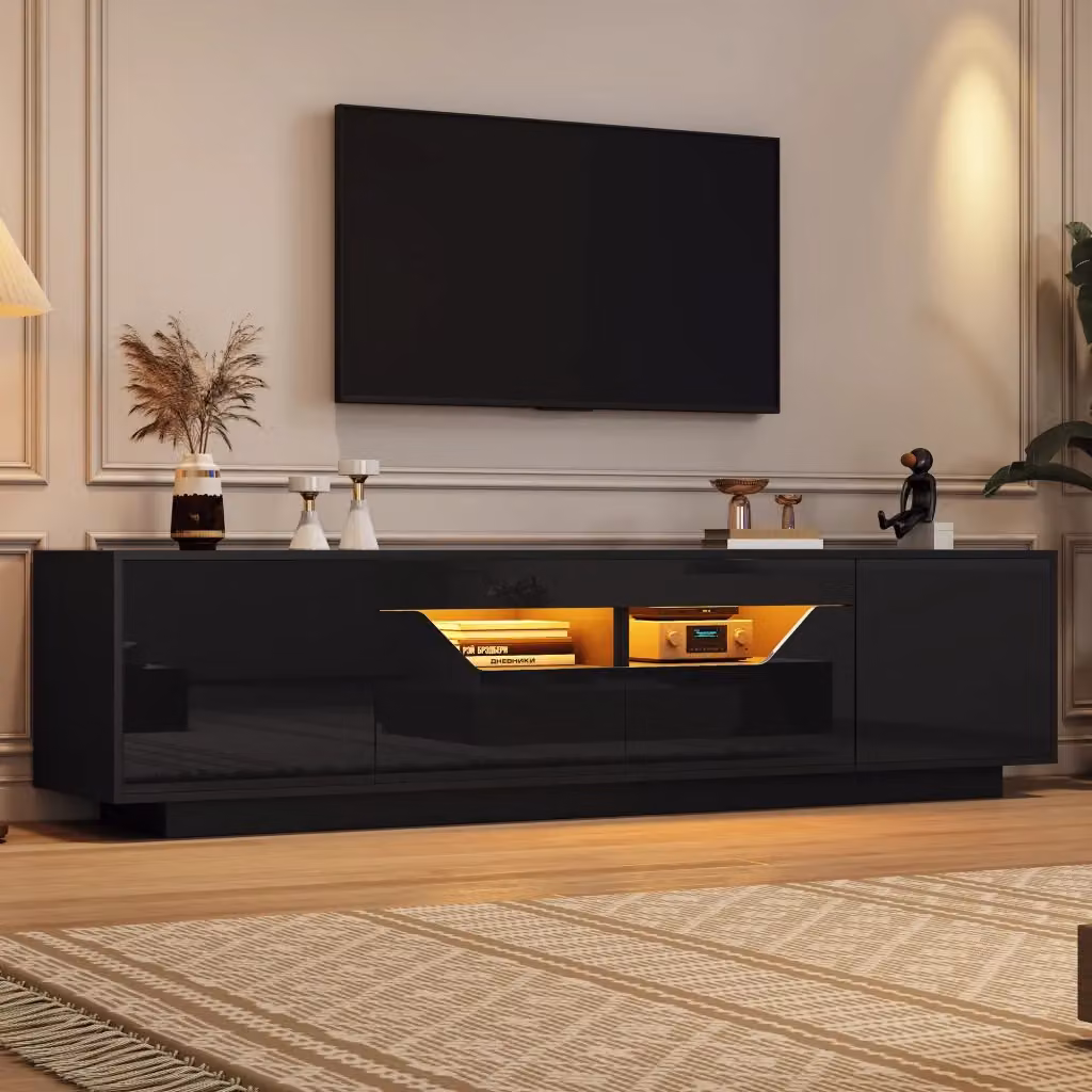 Mobile TV Mivray moderno con illuminazione LED integrata e controllo via app, frontale lucido nero, per TV fino a 75 pollici, L: 180 cm, P: 40 cm, H: 45 cm – 2