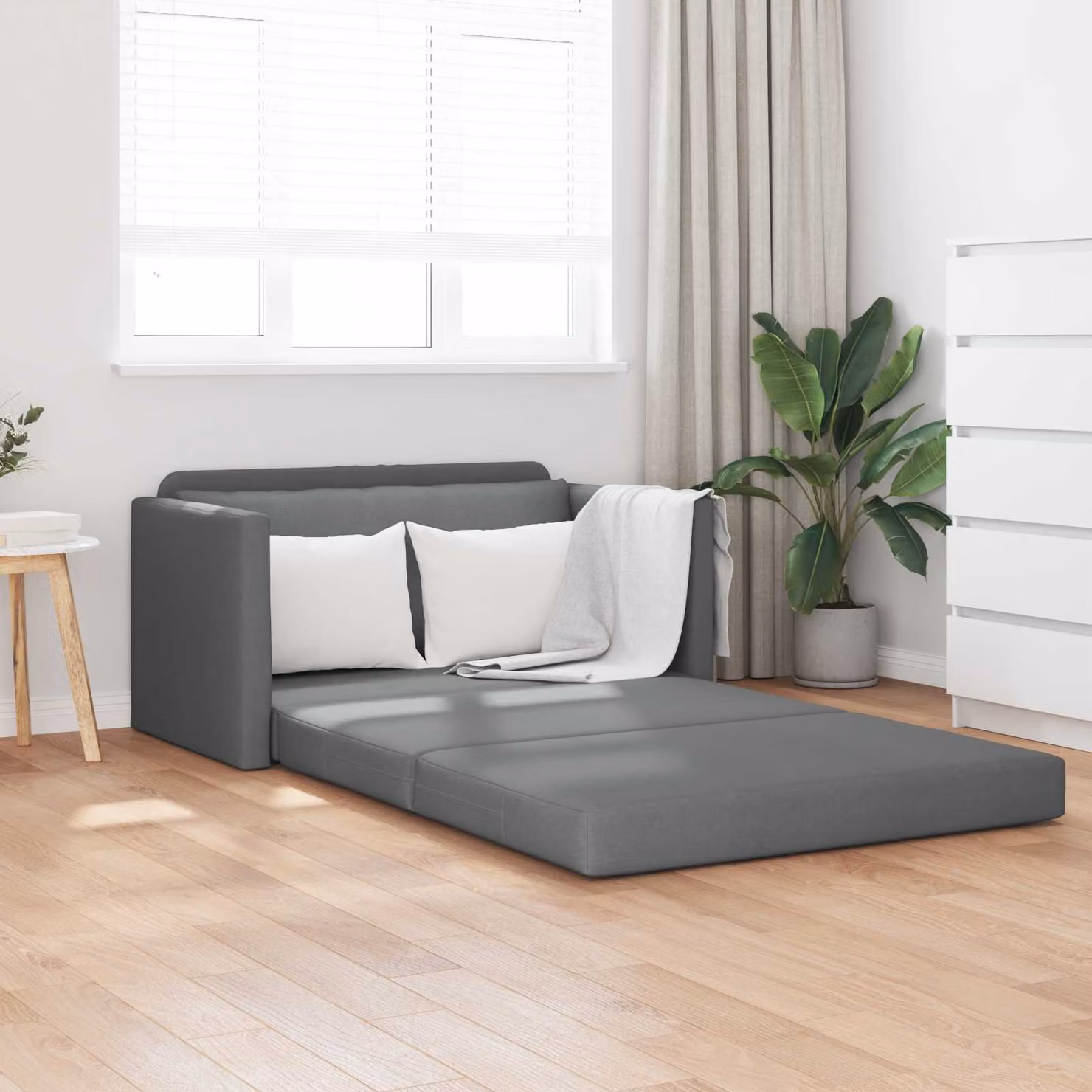 Divano letto moderno vidaXL in tessuto grigio con struttura in legno e metallo L 124 x P 71 x H 78 cm