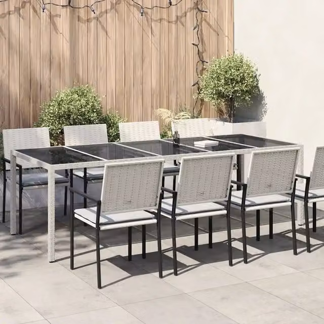 Tavolo da giardino rettangolare VIDAXL in polyrattan e vetro temperato bianco, L: 250 cm, P: 100 cm, H: 75 cm