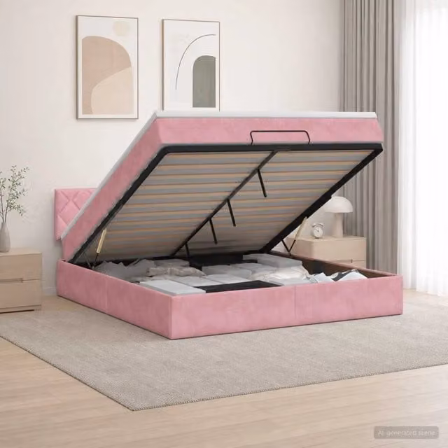 Letto ottomano moderno vidaXL in velluto rosa con base a sollevamento L/P/H: 193 x 140 x 144 cm