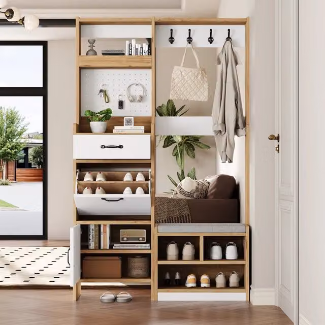 Set di mobili da ingresso con scarpiera panca imbottita appendiabiti e cassetto 108.5 × 35 × 180 cm