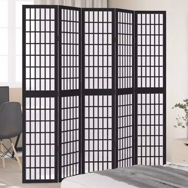 Divisorio Ambienti Paravento a 5 Pannelli in Legno Massello di Paulownia Nero con Design Geometrico H: 180 cm x L: 200 cm