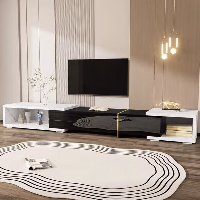 Mobile TV 140-260 cm; girevole e regolabile; MDF e truciolato; nero e marmo bianco