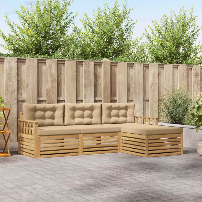 Set di divani da esterno vidaXL a forma di L con pouf, in legno di acacia e tessuto bianco e beige