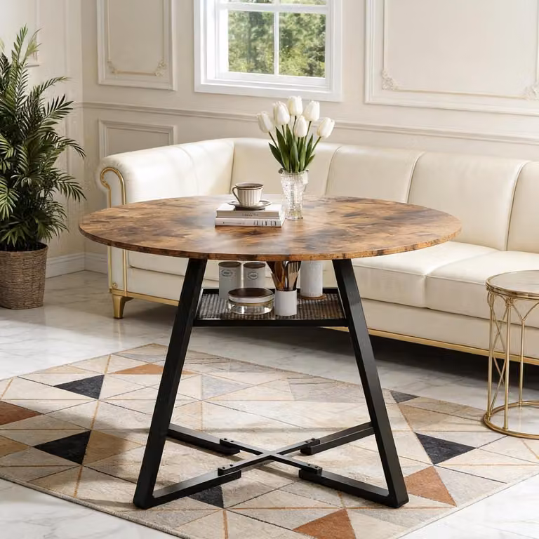 Tavolo rotondo da pranzo INONEFT per 4 persone, tavolo da pranzo da 120 cm con 1 vano aperto, tavolo in legno con gambe in metallo, tavolo da cucina per la sala da pranzo, colore nero