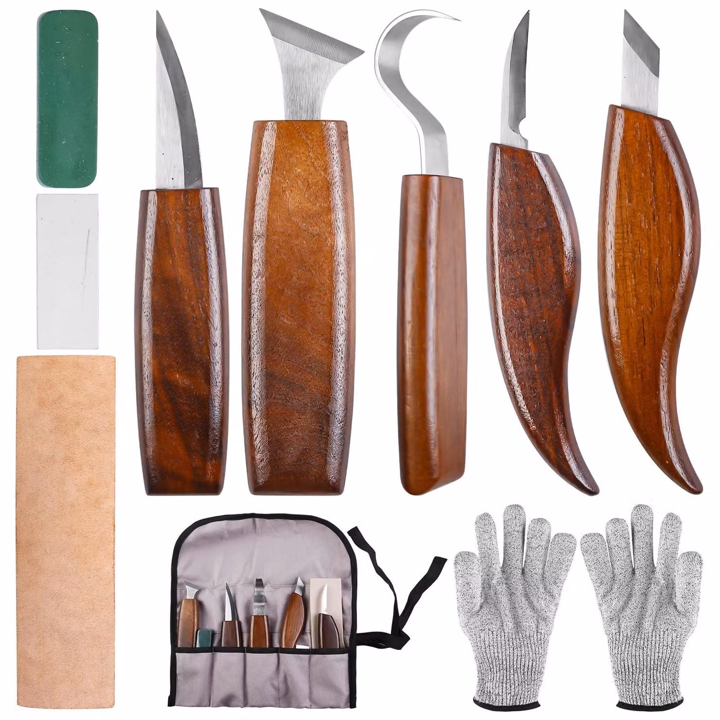 Omgoods - Set professionale di strumenti per intaglio del legno, completo di coltelli e guanti