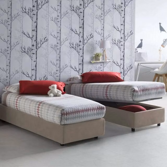 Letto singolo contenitore Agenta di Talamo Italia con materasso incluso, rivestimento in tessuto beige, apertura frontale, dimensioni materasso: 80 x 190 cm – 1