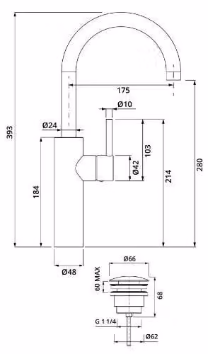 Herzbach DEEP Miscelatore monocomando per lavabo XL-Size con maniglia laterale e scarico PUSH, cromato