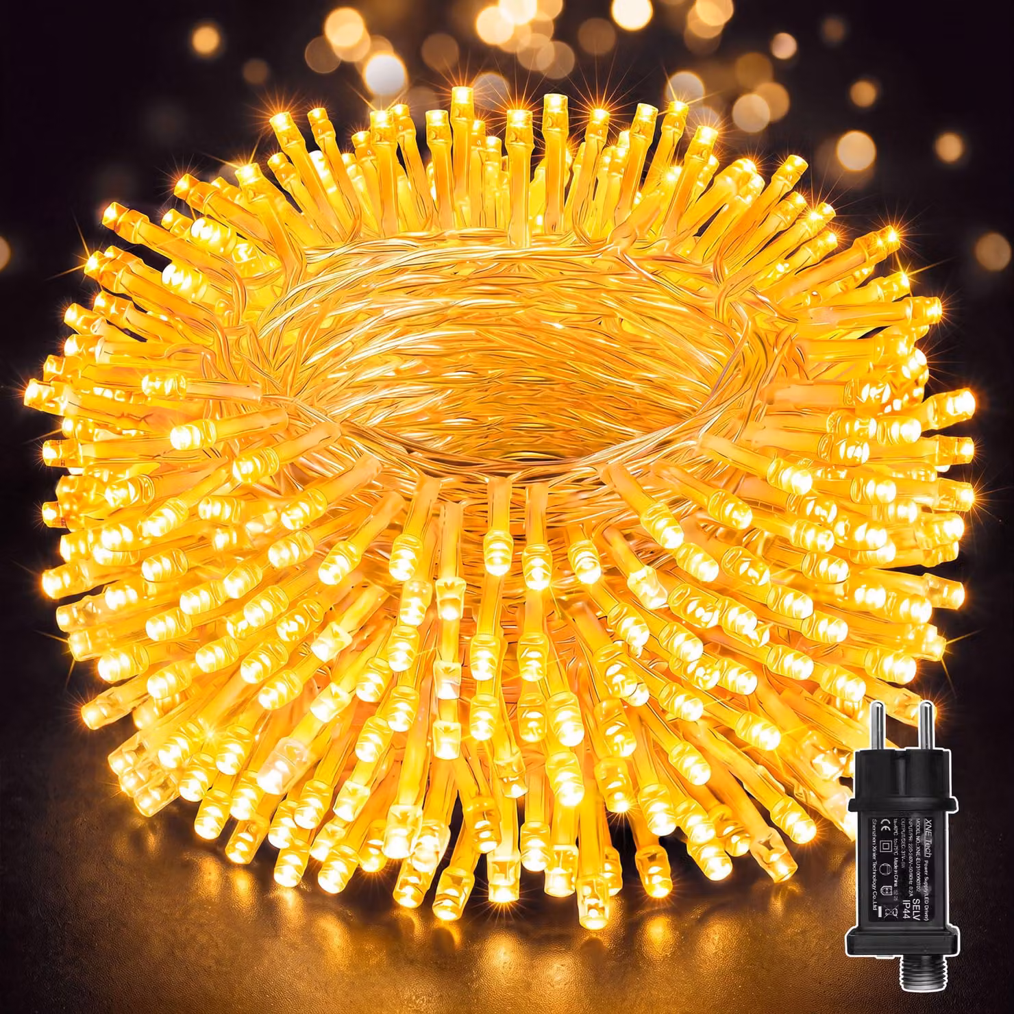 Catena luminosa a LED, 30 metri, 300 LED bianco caldo, timer, grado di protezione IP44, con spina