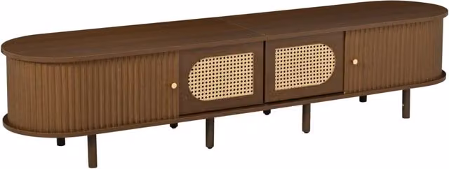Mobile TV in MDF con finitura noce, 180x40x40 cm, 2 ante in rattan e 2 ante scorrevoli, supporta TV fino a 80 pollici