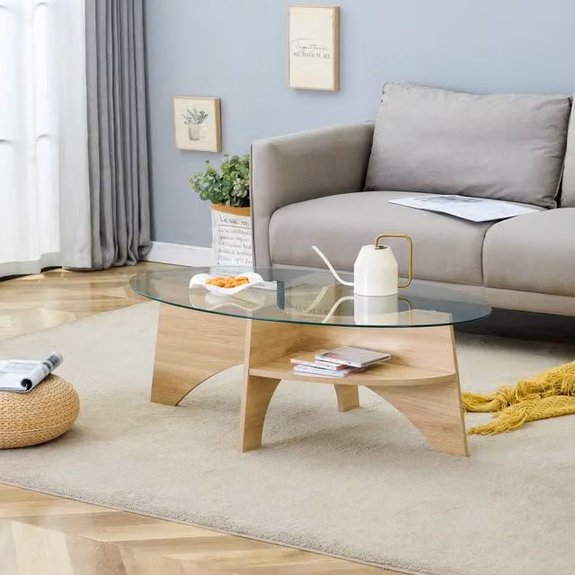 Tavolino ovale in vetro di sicurezza ¨C 104,9 x 60 cm, design multifunzionale. Struttura del tavolo con elementi a scomparti di colore chiaro disposti