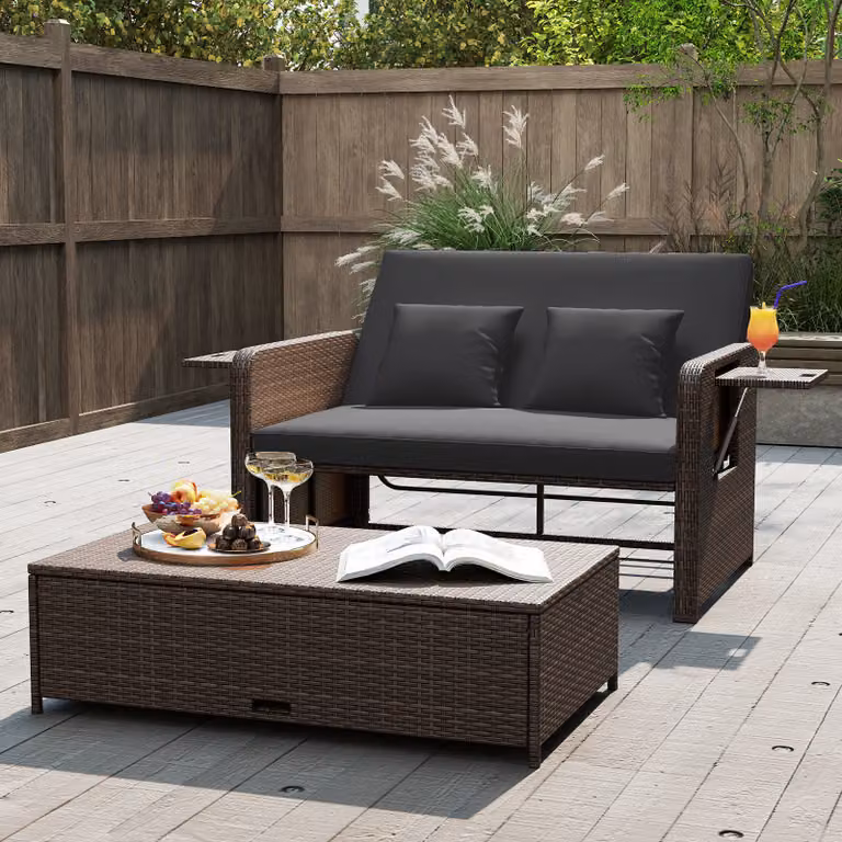 Set di 2 pezzi Costway divano letto in rattan per giardino e patio con schienale regolabile e pouf coordinato, colore nero