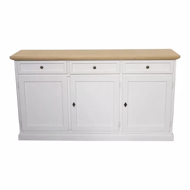 Madia credenza in legno stile shabby chic bicolore bianco e beige con 3 porte Mobili 2G L: 156 cm, P: 42 cm, H: 85 cm