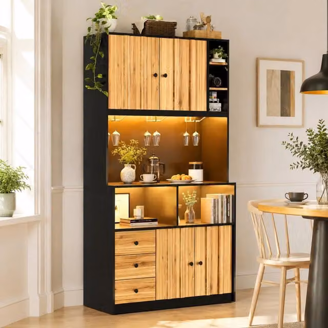 Mobile colonna da cucina con vetrina ripiano regolabile LED RGB prese USB MDF nero naturale 100 × 40 × 180 cm