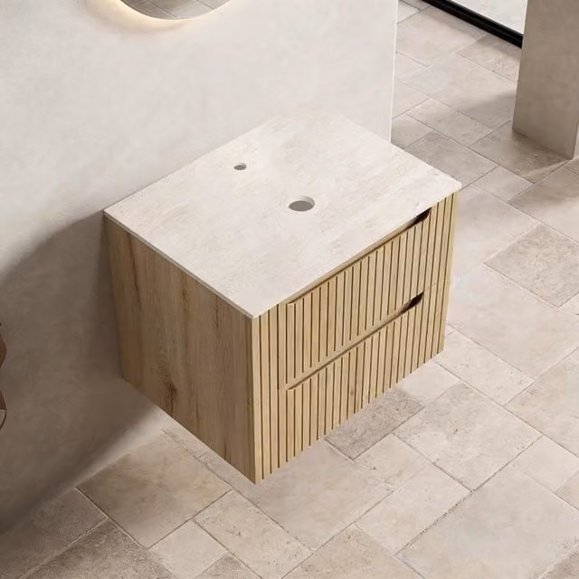 Mobile sottolavabo moderno in multistrato con piano in pietra sinterizzata effetto travertino rovere chiaro per bagno