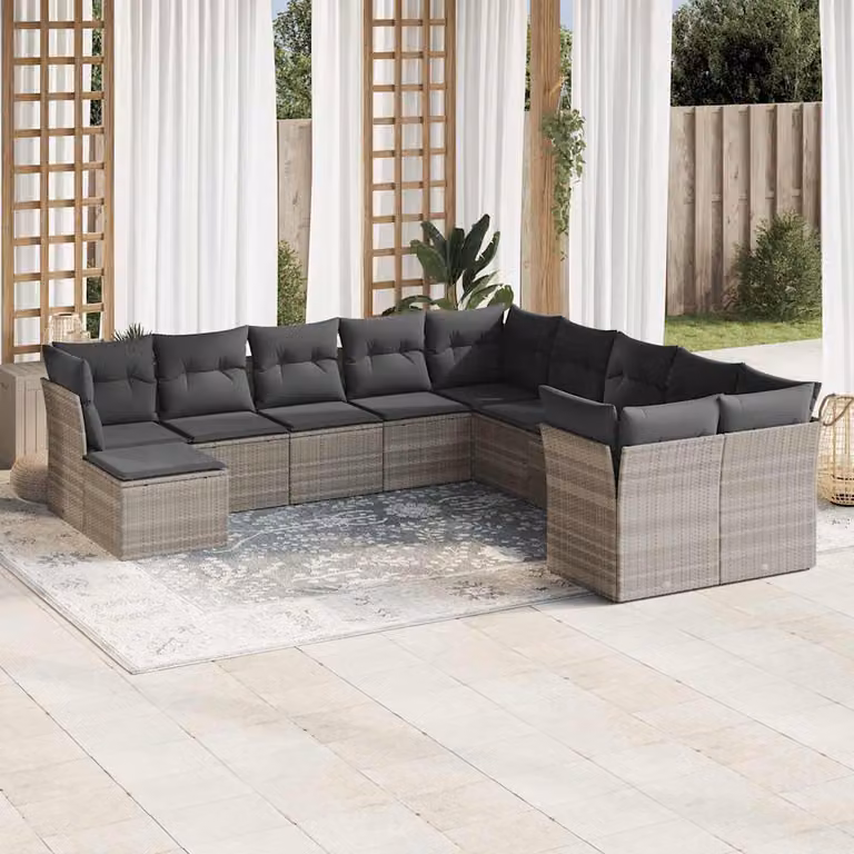 vidaXL Set Divani da Giardino 11 pz a Forma a U in Polyrattan Grigio con Cuscini e Struttura in Acciaio