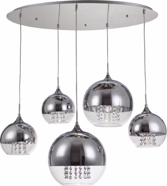 Lampadario a sospensione Maytoni Fermi con 5 luci in vetro e cristallo, colore argento e trasparente, regolabile in altezza e dimmerabile – 1