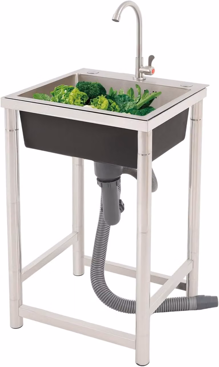 Lavello in acciaio inossidabile da esterno, autoportante, completo di rubinetteria, dimensioni 45 x 41 x 75 cm, adatto per cucina e giardino